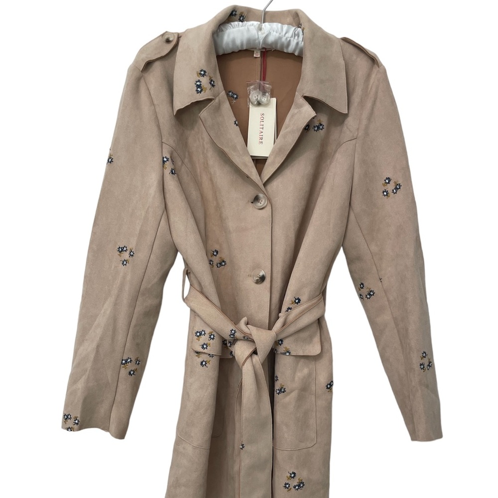 Solitaire trench style tan floral faux suede coat.